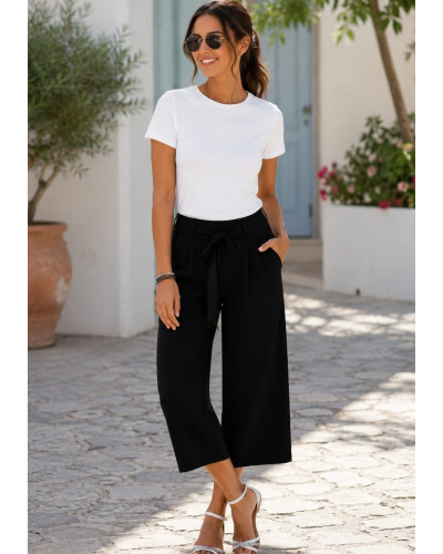 Kadın Siyah Viskon Kuşaklı Capri Boy Pantolon