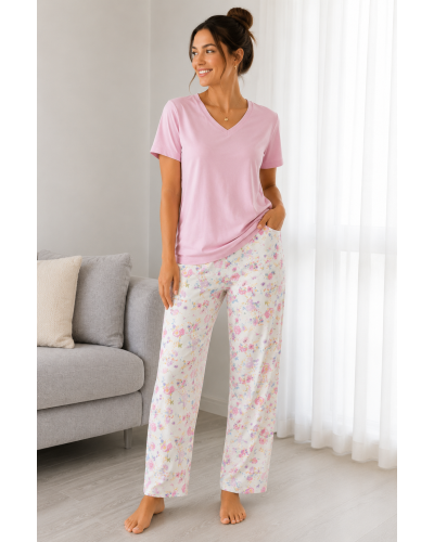 Pamuklu Pembe Çiçekli Pijama Takımı